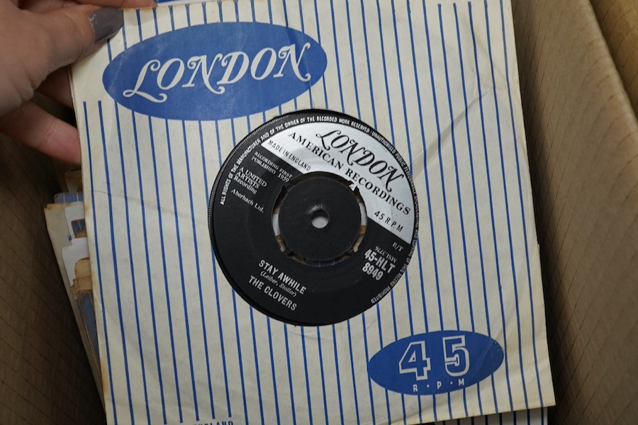 Four boxes of 7 inch singles, all on the London record label, artists include; The Rolling Stones, Ricky Nelson, Duane Eddy, The Ronettes, Roy Orbison, the Crystals, The Ran-Dells, Al Green, Ace Canon, the Willis Brother